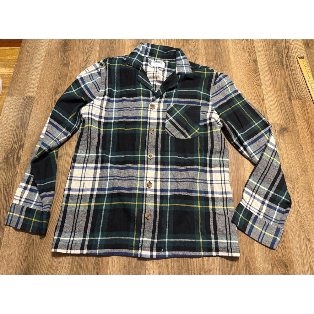Old Navy Pajama Top Unisex Size S Green Blue Yellow Plaid Flannel Button Down